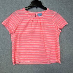 CeCe Blouse Women's Large Pink Gray Striped Short Sleeve Crew Neck Top Workwear